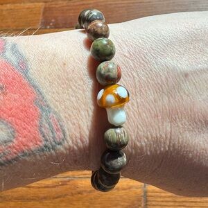 Mushroom 🍄 Jasper Crystal Gemstone Stretch Bracelet Mushroom Lampwork Bead